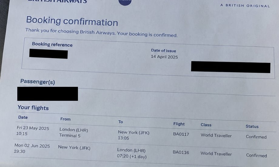 Proof: Flight booking (redacted). Anonymised record from a previous photo or film production.