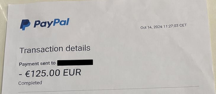 Proof: Payment confirmation (redacted). Anonymised record from a previous photo or film production.