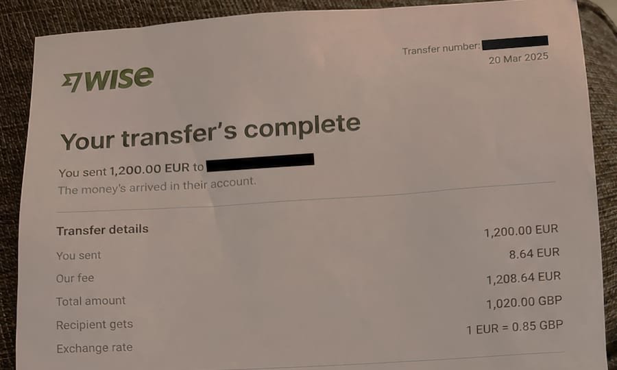 Proof: Transfer confirmation (redacted). Anonymised record from a previous photo or film production.