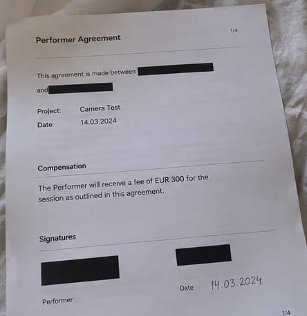 Proof: Agreement (redacted). Anonymised record from a previous photo or film production.