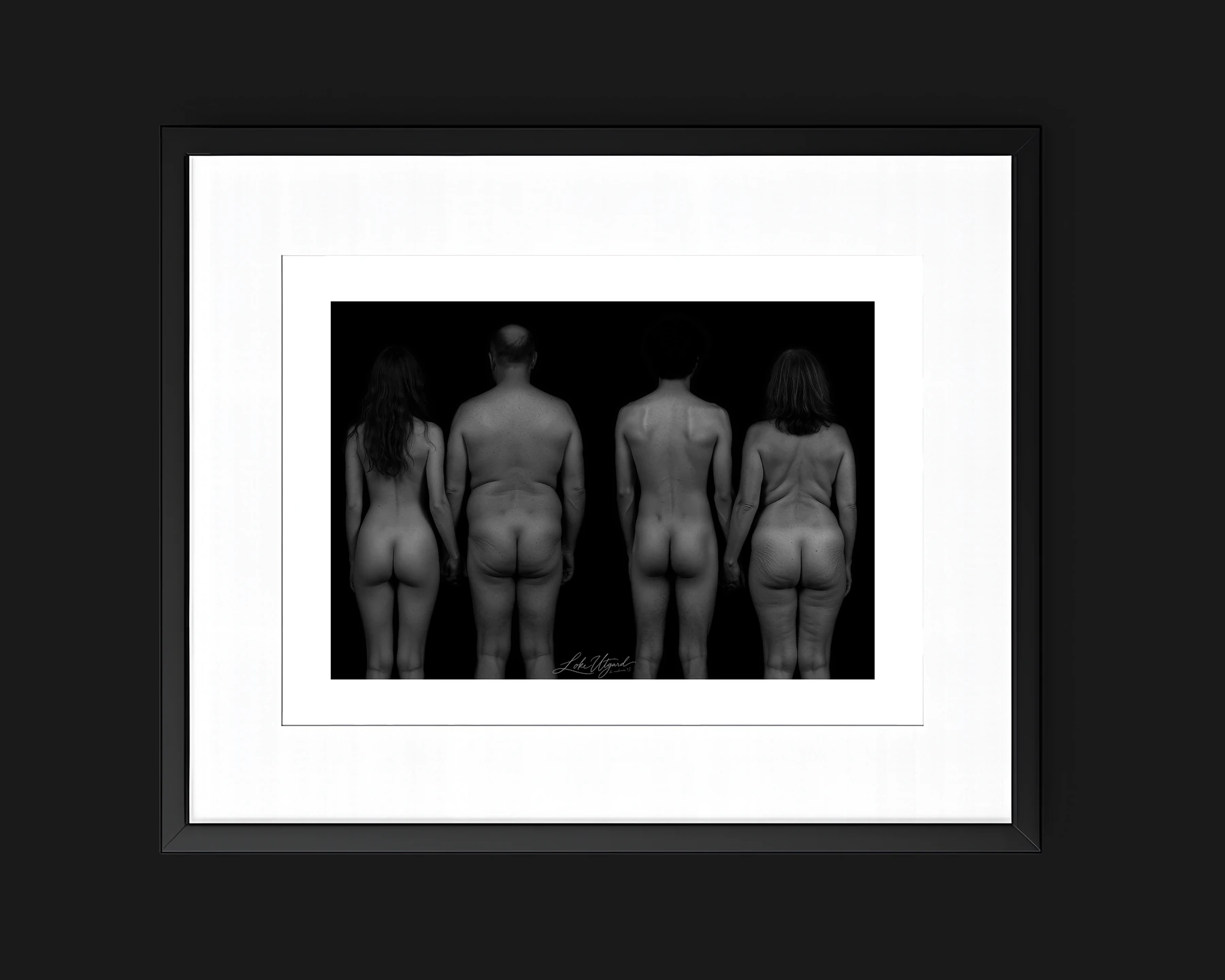 Framed collector edition titled Let’s Mingle, showing four figures from behind in monochrome