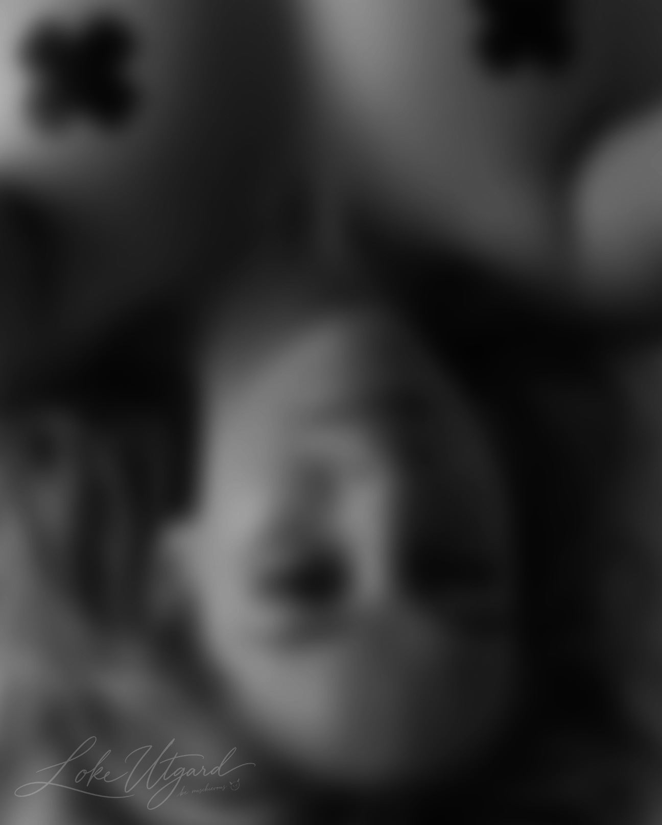 Blurred monochrome close-up portrait framed by dark hair.