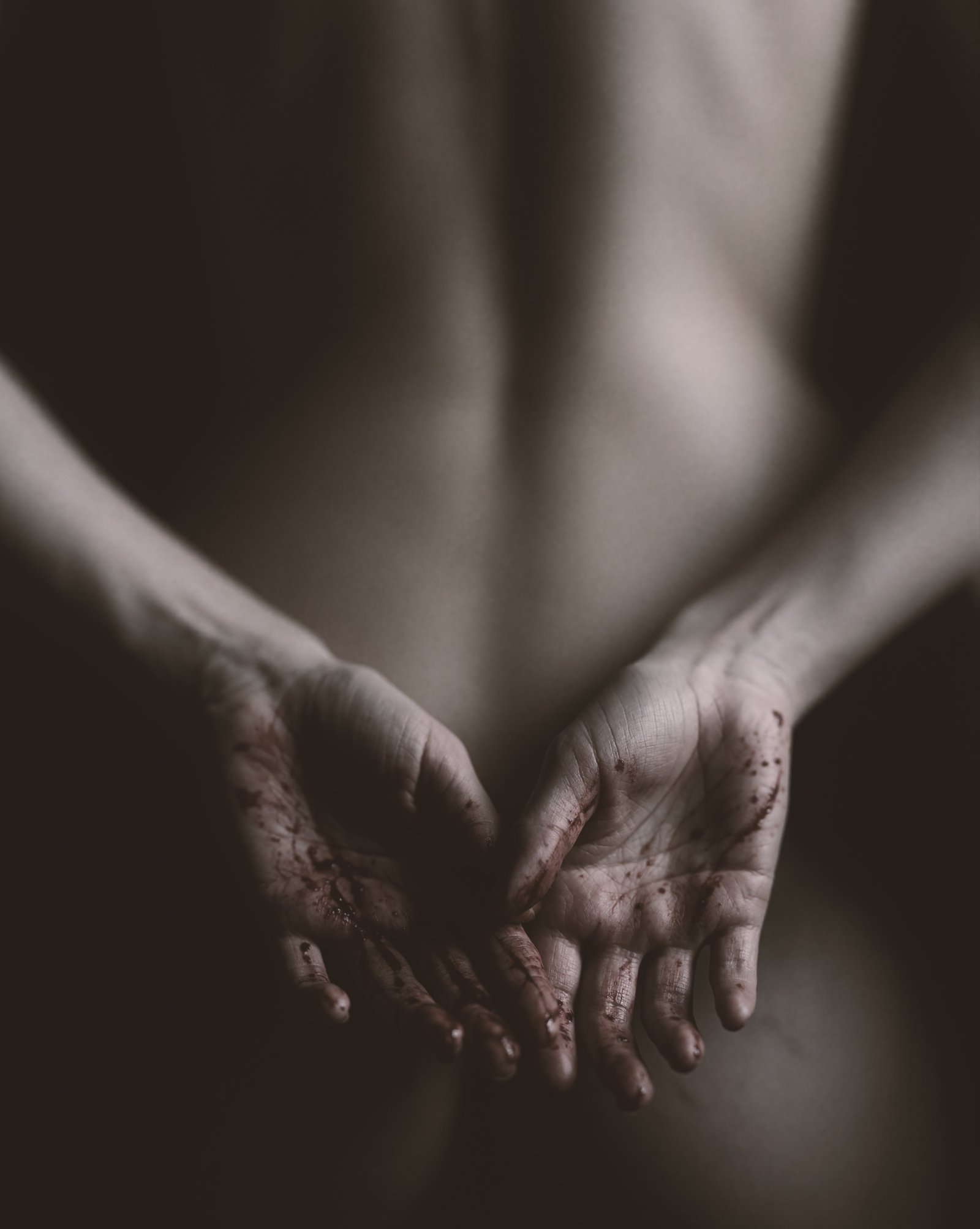 Soft-focus low-key portrait of Mette holding out red-stained hands