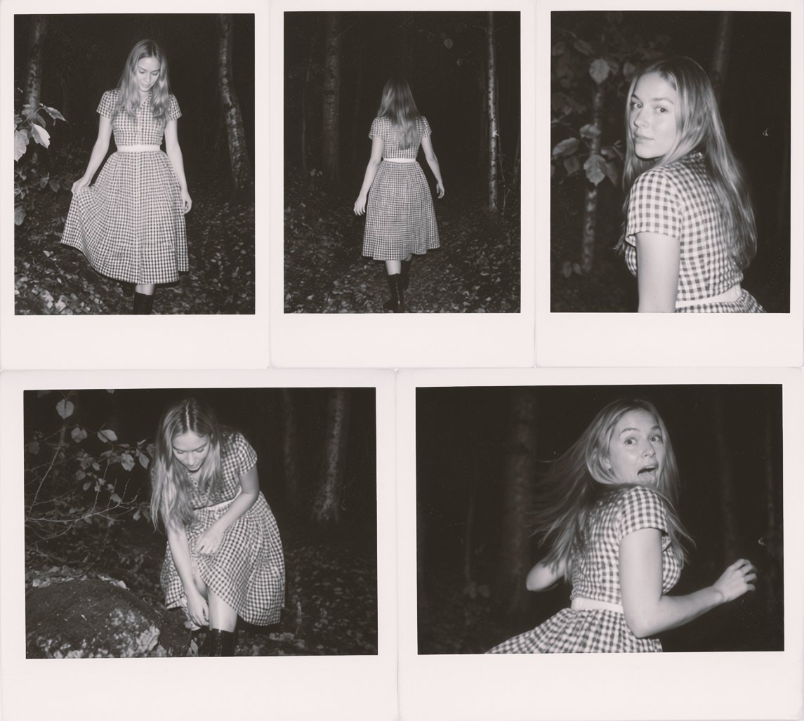 Monica in a monochrome collage of five instant photographs in a forest