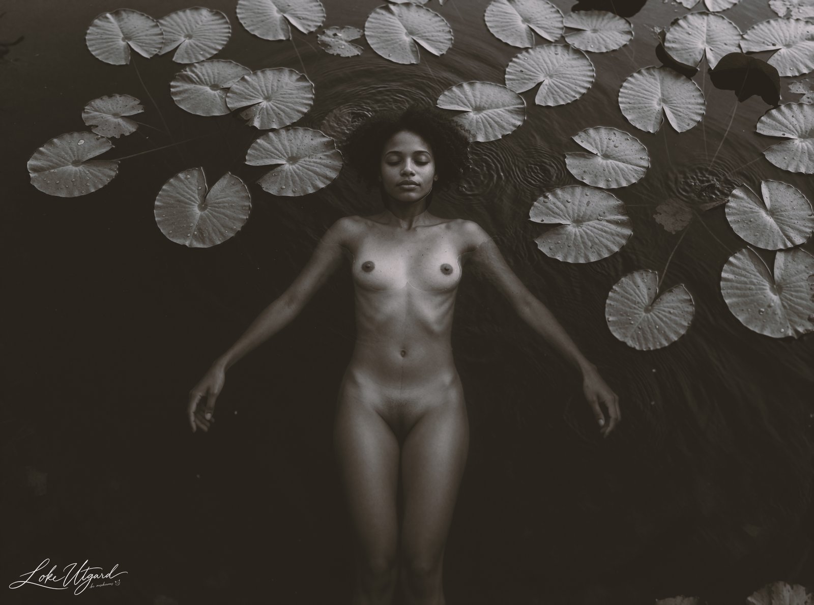 Tania floating nude among lily pads in a monochrome overhead portrait