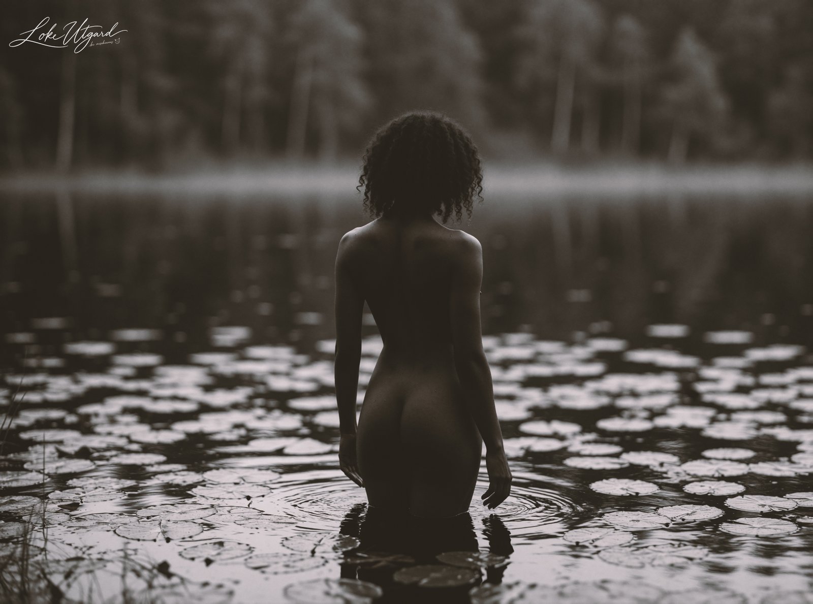 Rear monochrome portrait of Tania standing nude in a lake among lily pads